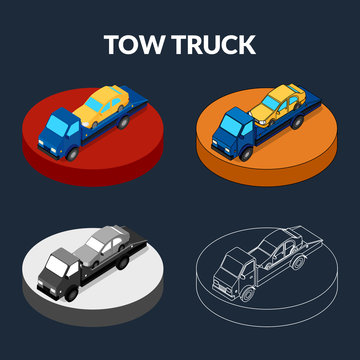 vector illustration. Set of icons of the tow truck of different styles - contour, monochrome, colorful. Isometric, 3D.