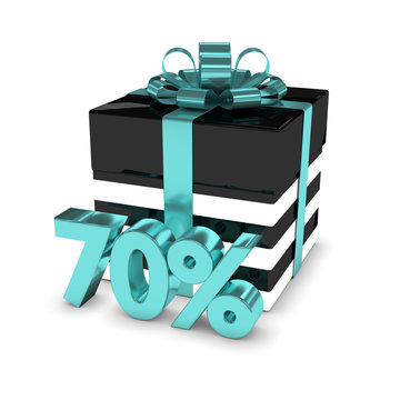 3d rendering of gift box with 70% discount isolated over white