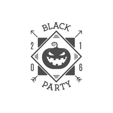 Happy Halloween 2016 black party invitation label. Typography insignia for celebration holiday. Retro badge, logo. For web projects, tee design, t shirt print, card. Vector illustration.