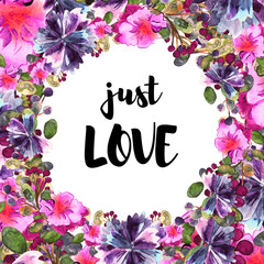 Flower frame. Colorful floral collection with leaves and flowers, drawing watercolor. In vector