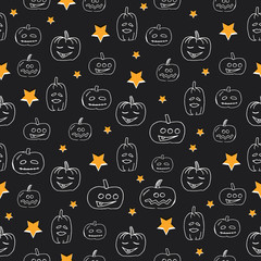 Vector seamless pattern with pumpkins faces. Halloween background.