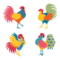 Set of Chinese Roosters in Patchwork Style