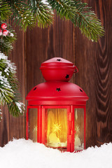Christmas candle lantern and fir tree