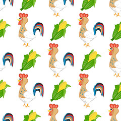 Rooster cute cock vector animal seamless pattern.