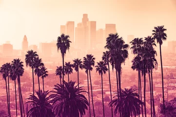 Poster De skyline van Los Angeles met palmbomen op de voorgrond © Justin