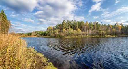панорама осеннего пейзажа в лесу с озером, Россия, Урал, октябрь © 7ynp100