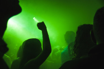 Serata in discoteca con gente che balla con le mani e pugni alzati dietro a neon e led verdi e...