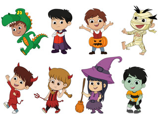 Happy Halloween. Set of cute cartoon children in colorful hallow