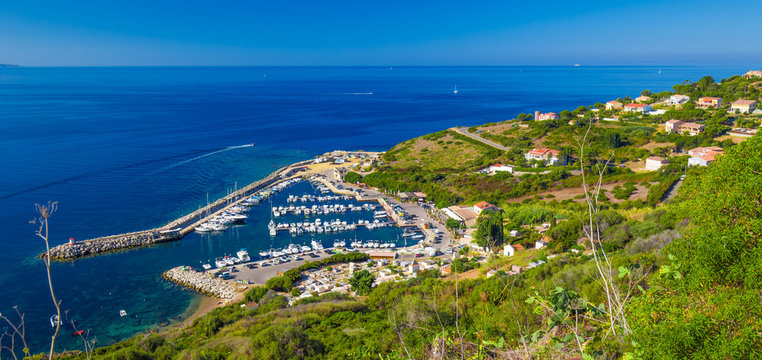 Harbour with yachts in Cargese town on the road D81, Corsica, France