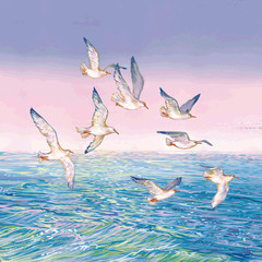 Flying seagull  on sea background. 
