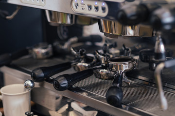 coffee machine preparing fresh coffee at cafe.Vintage style process.