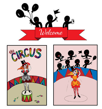 Theme circus with a girl on the stage and audience