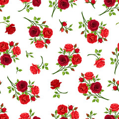 Vector seamless pattern with red roses branches on a white background.