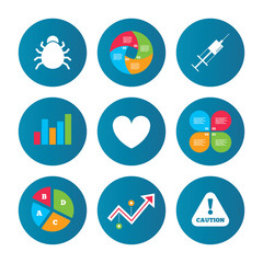 Bug and vaccine signs. Heart, spray can icons.