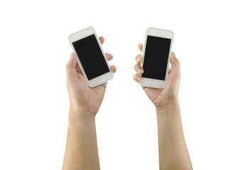 White Smartphone in woman hand and man hand isolated on white ba