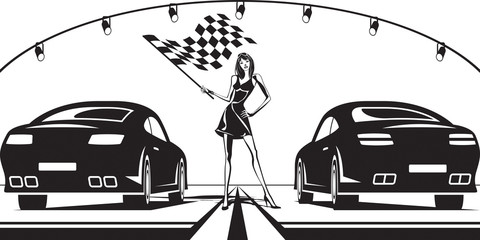 Fototapeta na wymiar Grid girl launches car race - vector illustration