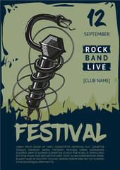 Rock music poster with snake and microphone. Grunge style background