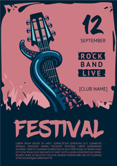 Fototapeta premium Music poster template for rock concert. Octopus with guitar.