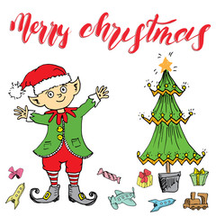 Naklejka premium Merry Chistmas lettering. Hand drawn vector illustration with elf.