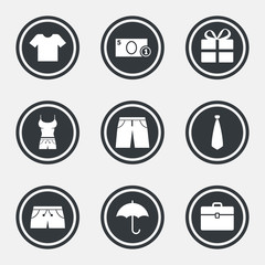 Clothing, accessories icons. Shopping signs.