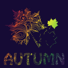 calligraphy word autumn maple leaves on a blue background