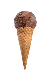 Close up image of chocolate ice cream cone isolated on.