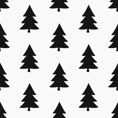Seamless pattern with Christmas trees in black on white background.