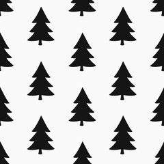 Seamless pattern with Christmas trees in black on white background.