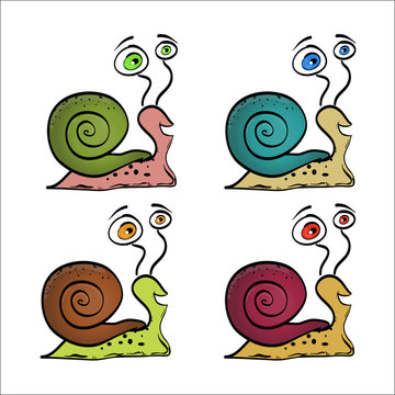 Set of vector snail. Cute cartoon snail with big eyes.