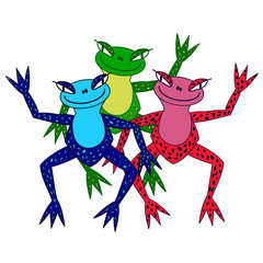 Vector illustration of three funny colorful frog