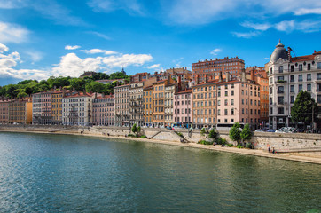 Fototapeta premium Lyon (France) old buildings in the historic city near river Saone