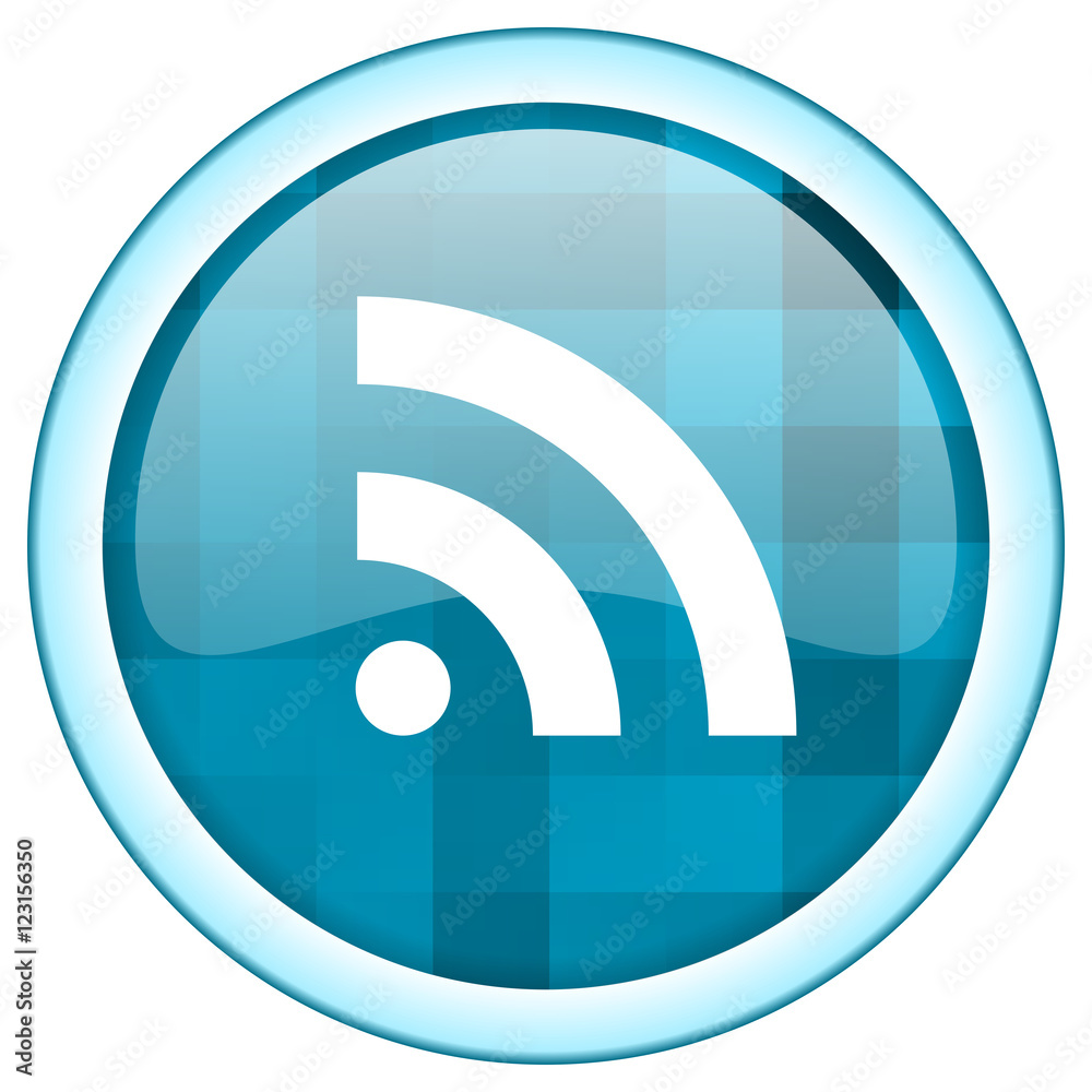 Poster Blue round vector rss icon on white background with lightblue border and white symbol over glossy button structure