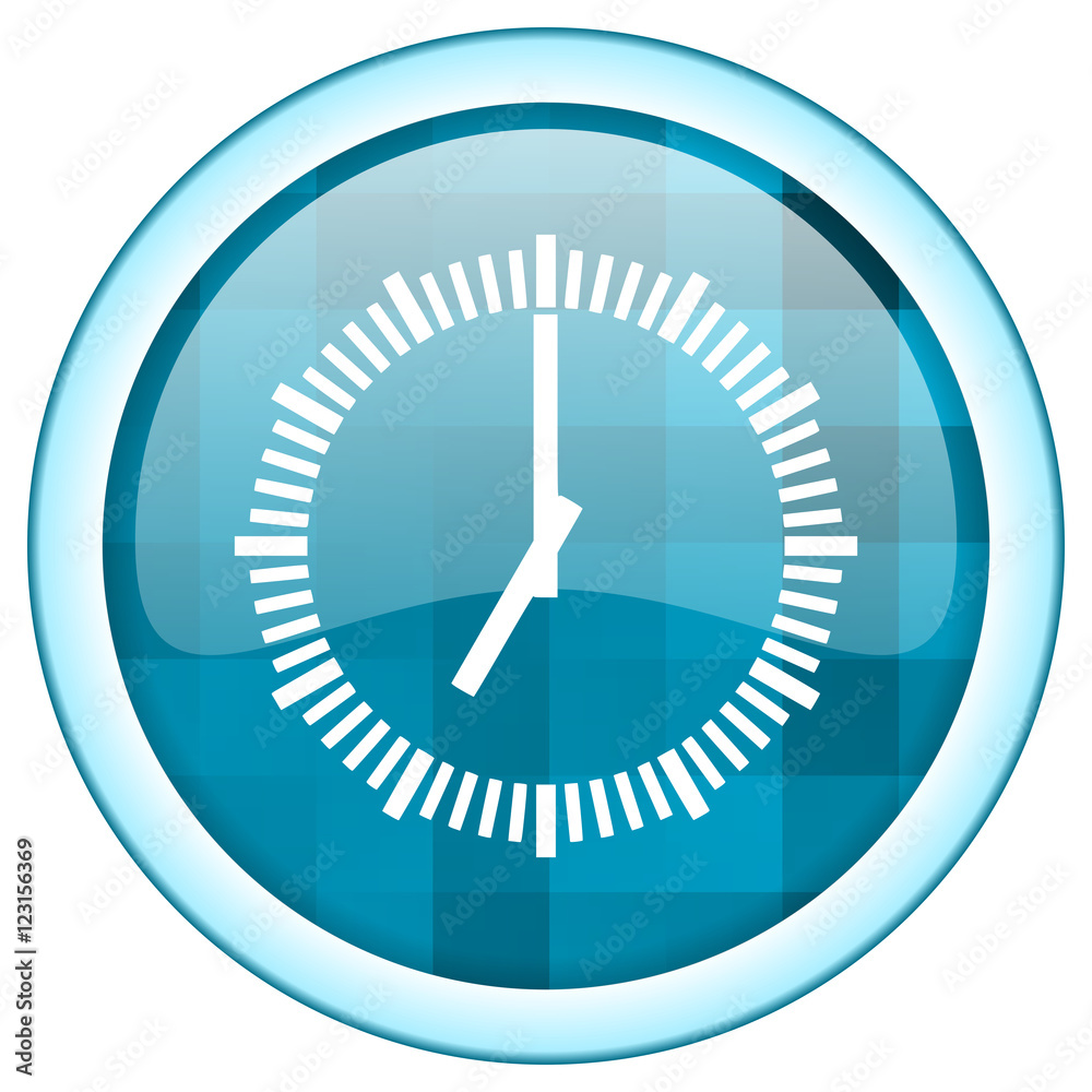 Poster Blue round vector clock icon on white background with lightblue border and white symbol over glossy button structure