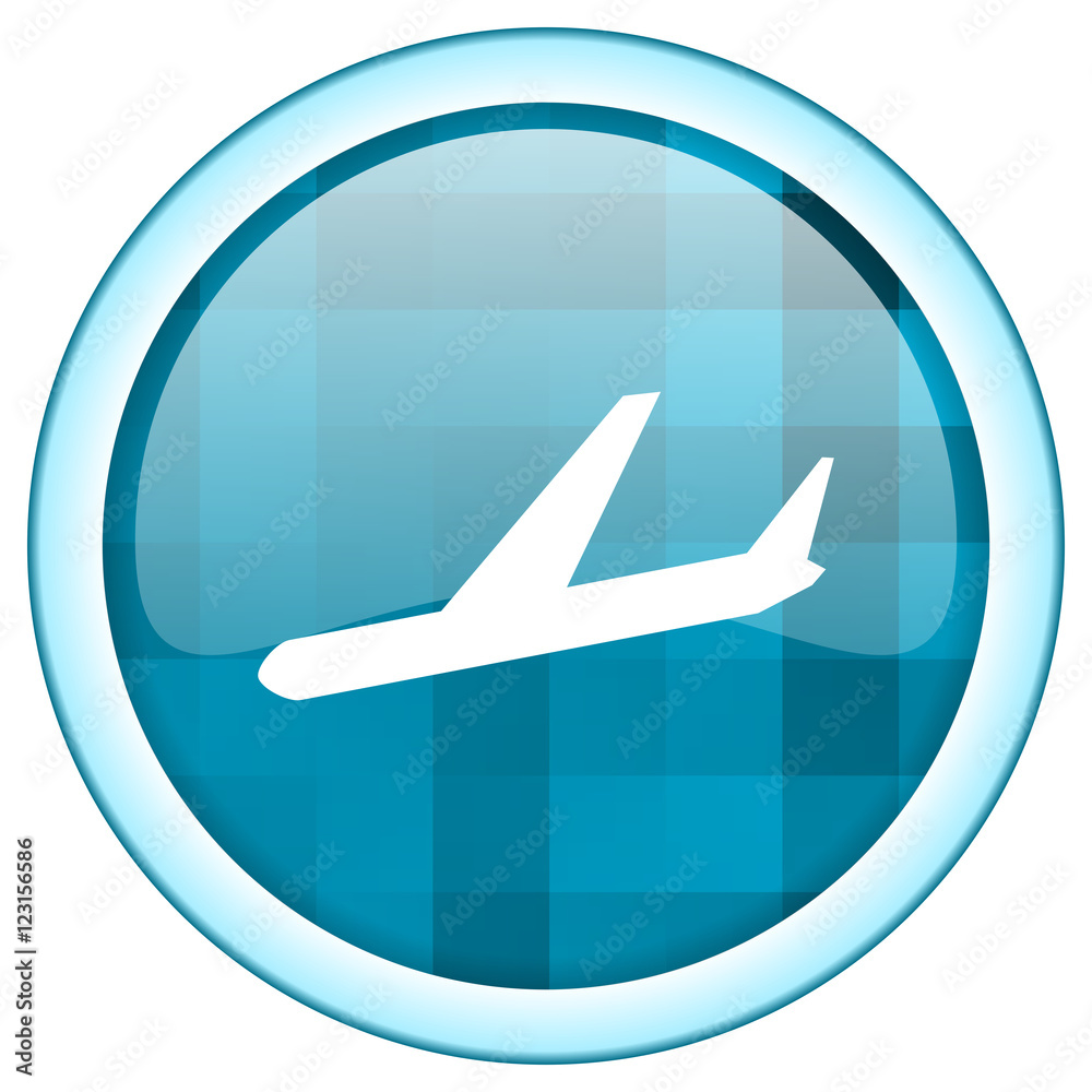 Poster Blue circle vector airport icon. Round internet glossy airplane button. Web design graphic element. 