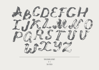 Ink alphabet A to Z, freehand, stylish. Illustration made with black dye, isolated on beige grey decorated letters. Upper case. Large abc letters set, good for creative lettering. Vector illustration.