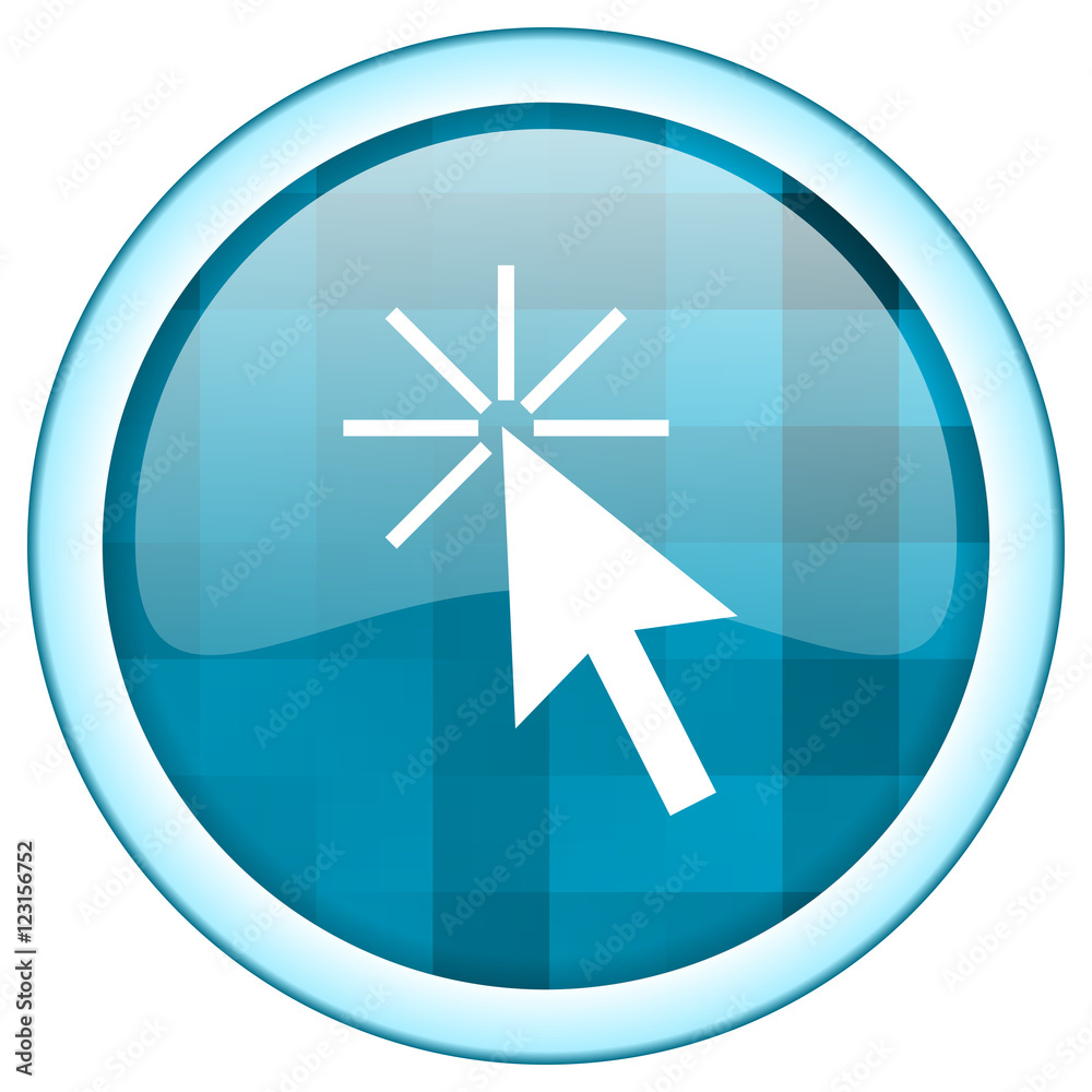 Poster Blue circle vector click here icon. Round internet glossy arrow button. Web design graphic element. 