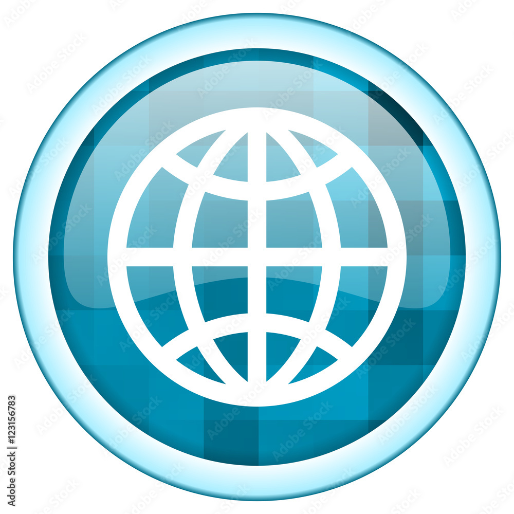 Poster Blue circle vector globe icon. Round internet glossy earth button. Web design graphic element. 