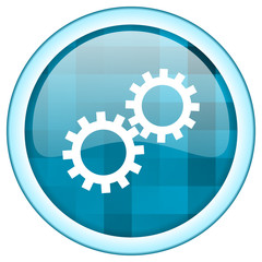 Blue circle technology vector icon. Round internet glossy gear button. Webdesign graphic element. 