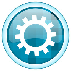 Blue circle technology vector icon. Round internet glossy gear button. Webdesign graphic element. 