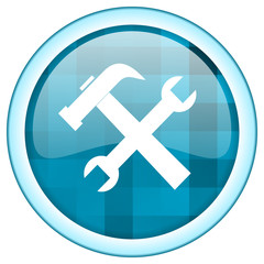Fototapeta premium Blue circle vector tools icon. Round internet glossy service button. Web design graphic element. 