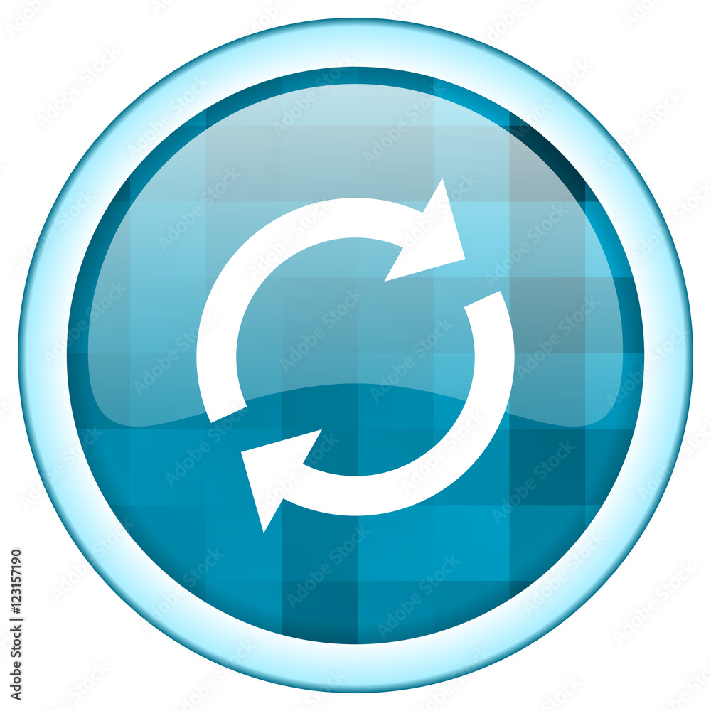 Poster Blue circle reload vector  icon. Round internet glossy renew button. Web design graphic element. 
