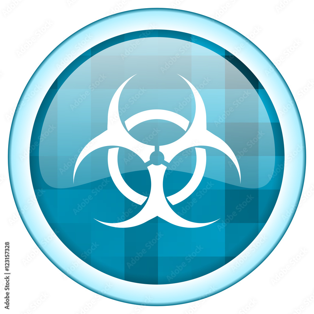 Poster Blue circle vector virus icon. Round internet biohazard glossy button. Webdesign graphic element. 
