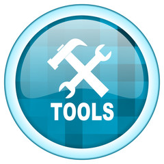 Obraz premium Blue circle vector tools icon. Round internet service glossy button. Webdesign graphic element. 