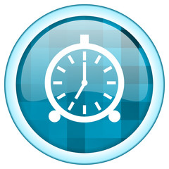 Blue circle vector alarm clock icon. Round internet  glossy watch button. Webdesign graphic element. 