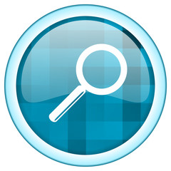 Blue circle vector glass icon. Round internet  glossy search button. Webdesign graphic element. 