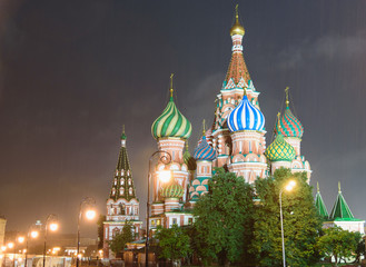 Fototapeta na wymiar Saint Basil's Cathedral in Red Square in summer during a rainy d