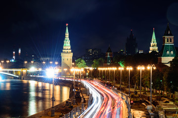 Night view of Moscow with traffic lights and the red wall of Kre