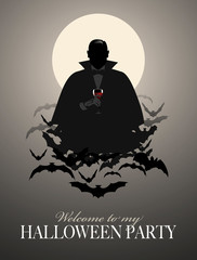 Obraz premium Elegant Vampire silhouette on a cloud of bats holding a glass of wine (or blood)
