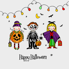 Three kids in Halloween costumes, hand drawn vector illustration