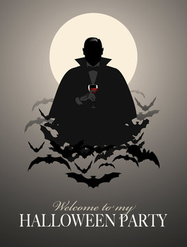 Elegant Vampire silhouette on a cloud of bats holding a glass of wine (or blood)